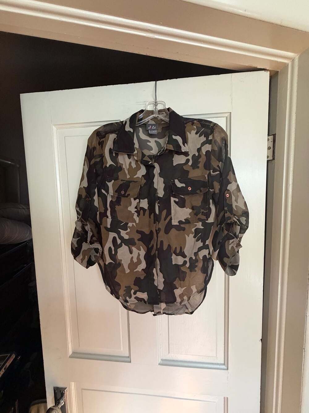 Dots Women's Sheer Camouflage Long Sleeve Button Down Blouse Size Small